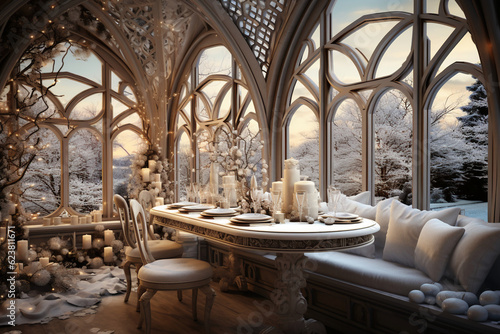 A vintage bay window, with a beautiful view of a winter wonderland. AI generative