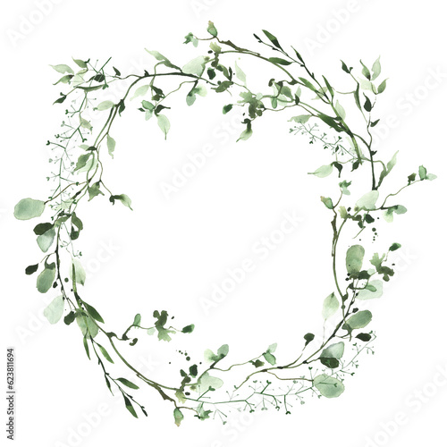 Watercolor greenery frame. Wild green, emerald branches, leaves and twigs wreath. Isolated clipart.