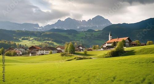 German village in an alpine mountain landscape. Generative AI photo