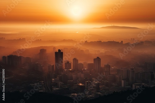 Abstract Blurred city Sunrise Sky Background with Dust  PM 2.5 and air pollution