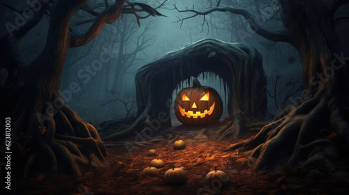 Frightening Halloween scene, scary picture background. Pumpkin in the forest AI generated © Valeriia
