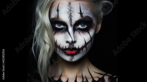 A chilling portrait of a woman with frightening Halloween makeup  AI generated