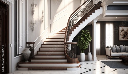 The interior design of the modern entrance hall with a staircase in the villa generative ai