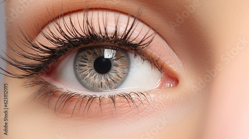 Photographie A captivating close-up of a female eye adorned with eyelash extensions, enhancing length and volume