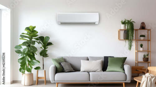 A stylish and energy-efficient air conditioner unit in a modern setting, delivering cooling relief while maintaining the sleek and clean ambiance of the interior. AI generated