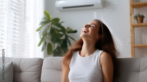 An image capturing the joy on a woman's face as she luxuriates in the cool breeze of the air conditioner, experiencing pure bliss and relief from the sweltering outdoor temperatures. AI generated