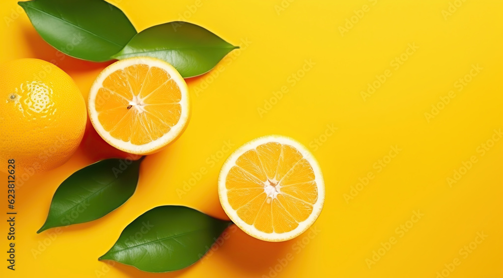 Juicy organic whole and halved oranges with green leaves and visible core texture, isolated yellow background, Macro shot of bright citrus fruit slices. Generative AI Juicy organic whole and halved oranges with green leaves and visible core texture, isolated yellow background, Macro shot of bright citrus fruit slices. Generative AI