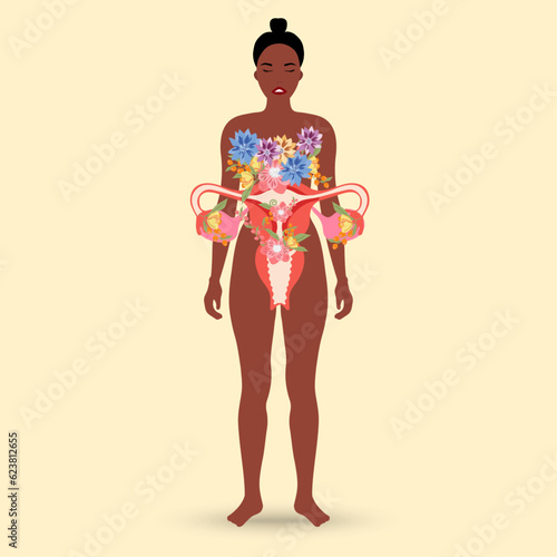 Healthy brown woman and reproductive system with flowers around and woman's body in vector illustration