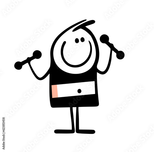 Sporty girl in a fitness suit does exercises with dumbbells. Vector illustration of a stickman in a gym.
