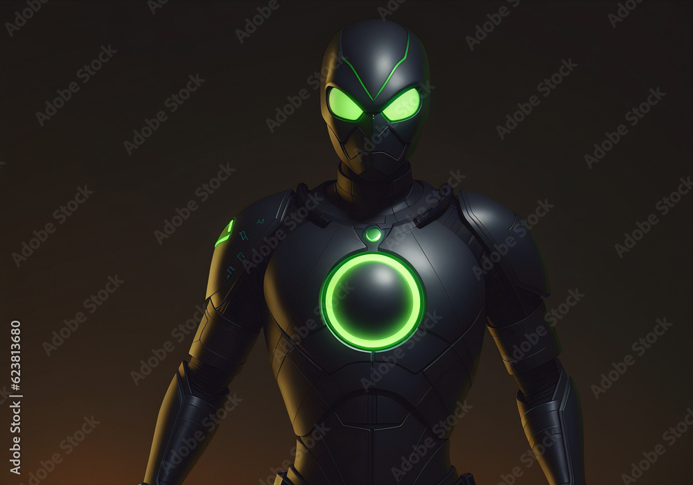 Man in a futuristic suit with glowing green eyes in front of a dark background. Generative AI