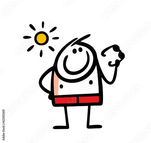 Cool stick figure playboy on the beach took off his sunglasses and examined the shore. Vector illustration of a stickman in swimming trunks and hot sun.