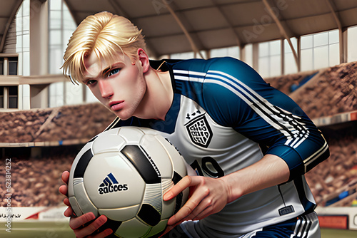 a blond-haired white soccer player holding a soccer ball