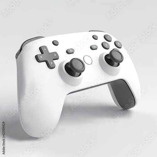 A video game controller with colorful transparent plastic buttons on a white background.