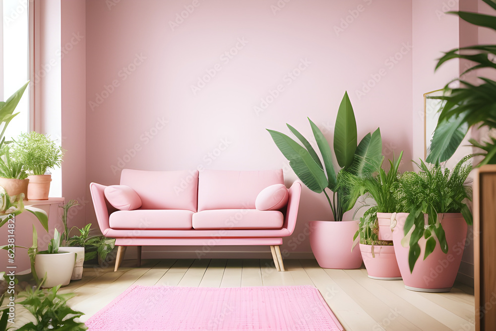 Aloe in pink pot on wooden table in pastel apartment interior with plants and armchair beside sofa with pillows. Design interior apartment. Modern living room. Aloe in pink pot on wooden table in pastel apartment interior with plants and armchair beside sofa with pillows. Design interior apartment. Modern living room.