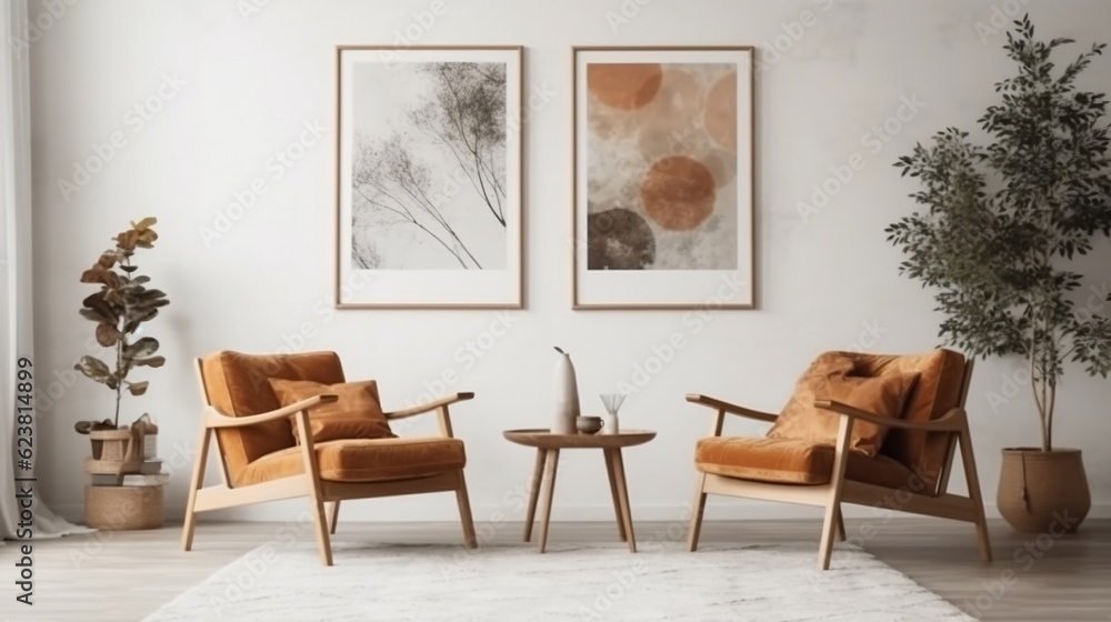 Two armchairs in a room with a white wall and a big frame poster on it generative ai Two armchairs in a room with a white wall and a big frame poster on it generative ai