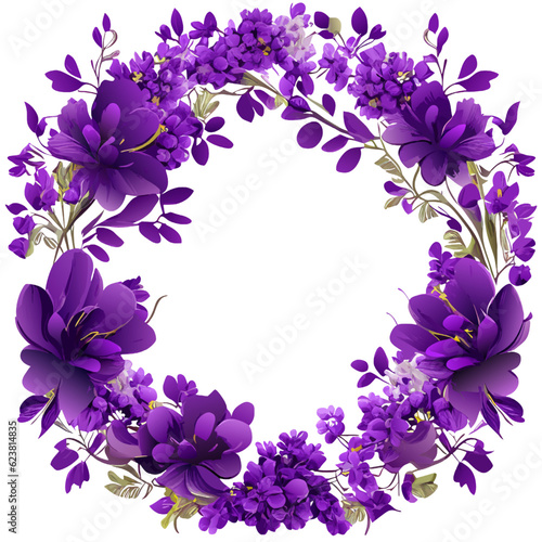 Wreath of purple crocus flowers on white background. Vector illustration.