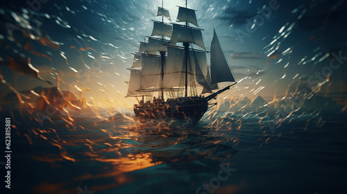 Fotografija ship at nicht in the sea, beautiful sunset, sunrise
