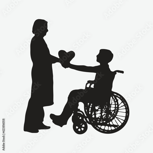Inclusive Love, Heartwarming Silhouettes of a Smiling Little Boy in a Wheelchair and a Caring Adult Woman