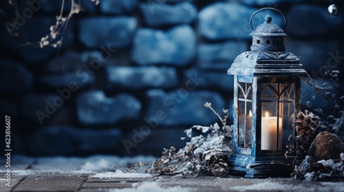 Christmas lamp and candles against a stone wall background.