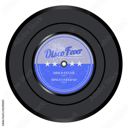 Disco Fever Vinyl Record Isolated on white Background. Vector Illustration. Textured label.
