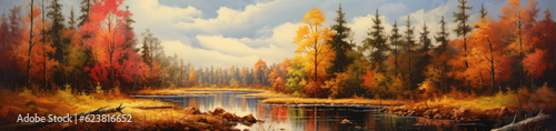 Panoramic view of an autumn forest landscape. AI © Farnaces