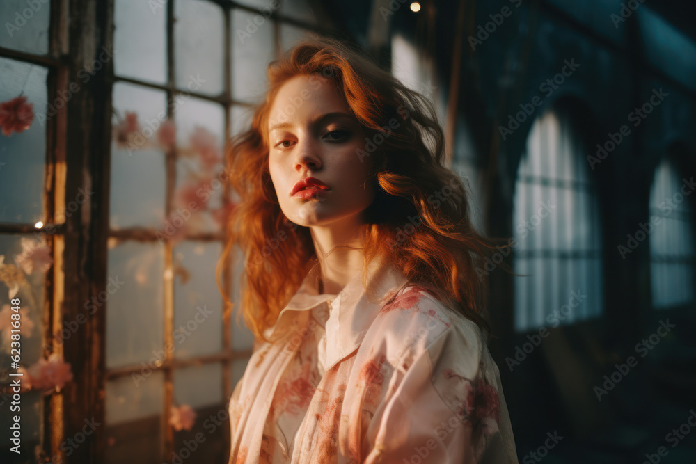 portrait of a woman/model/book character standing by a window in warm daylight with a thoughtful/sad expression in a fashion/beauty editorial magazine style film photography look - generative ai art portrait of a woman/model/book character standing by a window in warm daylight with a thoughtful/sad expression in a fashion/beauty editorial magazine style film photography look - generative ai art