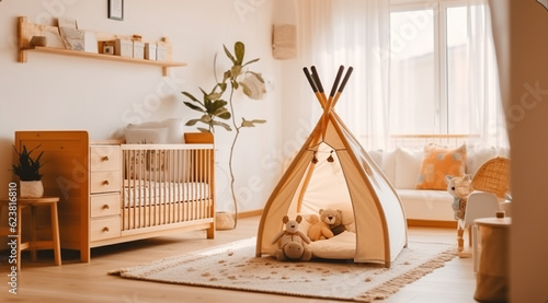 Chalet Baby Bedroom Interior with Cozy Cradle Bed. Light Brown Childish Room with Wooden Empty Cot. Beautiful Child Toy in Large Cottage Background.