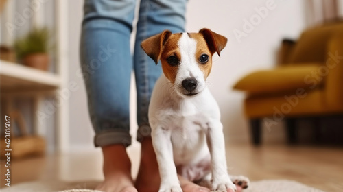 Cropped shot of young woman standing with her adorable jack russell terrier puppy at home in living room full of natural sunlight. Lofty interior background, Generative AI