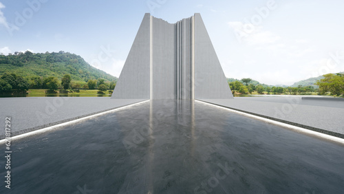 Empty concrete floor and gray wall. 3d rendering of modern building with clear sky background. photo