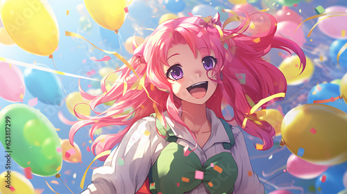 A cheerful anime girl with vibrant pink hair and a playful expression with balloons.