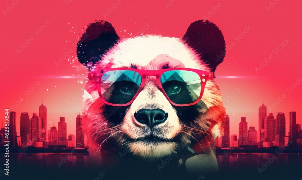 Cool funny panda in sunglasses with sunset cityscape red background. Generative AI.