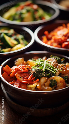 Macro shot of assorted Korean side dishes (banchan). Generative AI
