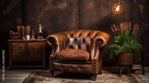 Classic brown leather armchair in vintage living room.