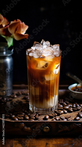Macro shot of iced Vietnamese coffee, featuring a strong brew of coffee poured over ice and mixed Generative AI