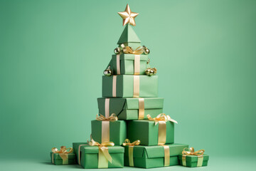 Green christmas presents and gifts stacked into a festive christmas tree shape