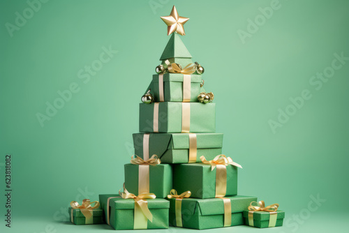 Green christmas presents and gifts stacked into a festive christmas tree shape