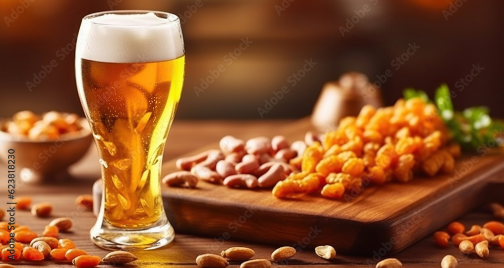 Glass of beer on wooden table background. Jamon and coated crunchy peanuts, great snack. Generative AI Glass of beer on wooden table background. Jamon and coated crunchy peanuts, great snack. Generative AI