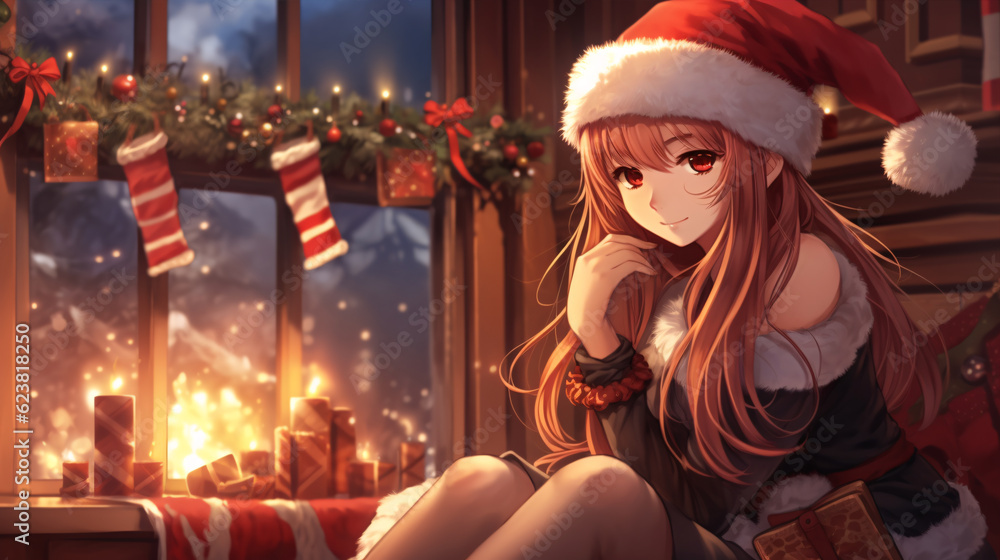 An anime girl with bright red hair and a Santa hat, sitting by a fireplace in a cozy living room. Lofi aesthetics.