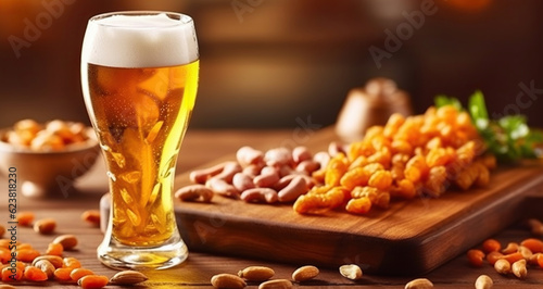Glass of beer on wooden table background. Jamon and coated crunchy peanuts, great snack. Generative AI
