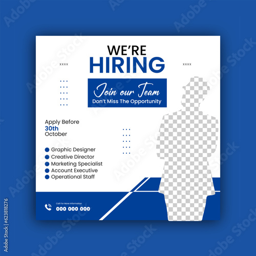 We are hiring job vacancy social media post template or square web banner