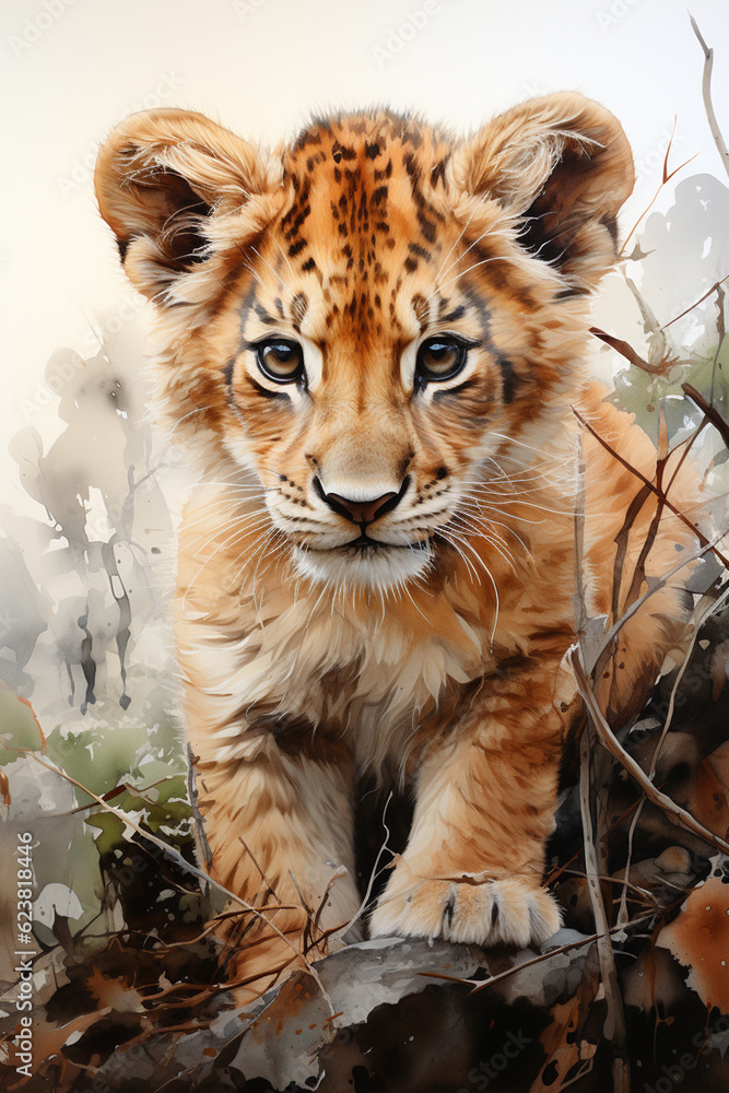 Obraz premium Portrait of a cute baby lion,watercolour illustration created with Generative AI technology.