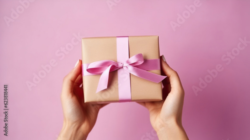 Young woman holding one single present wrapped in hand made blank craft paper gift wrap, satin bow. Female hands, simple gift box, wrapping. Pink background, Generative AI © coco
