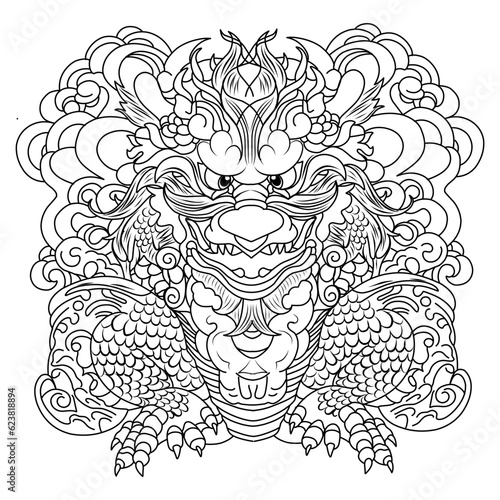 Dragon coloring page template with swatches of colors. Vector illustration
