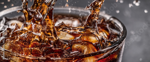 Pouring of Cola and Ice. Cola soda and ice splashing fizzing or floating up to top of surface. Close up of ice in cola water. Texture of carbonate drink with bubbles in glass. Cold drink background photo