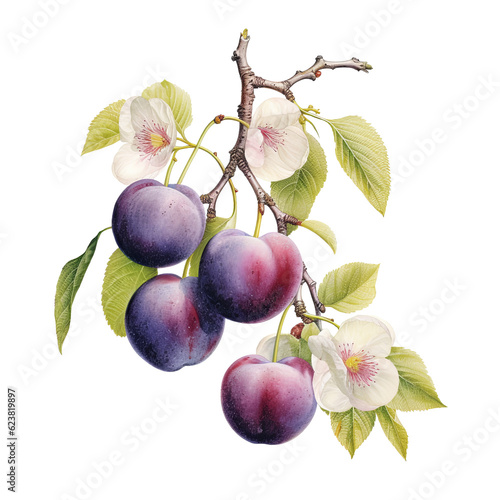Botanical illustration, branch with plums in retro illustration style, PNG. Generative AI