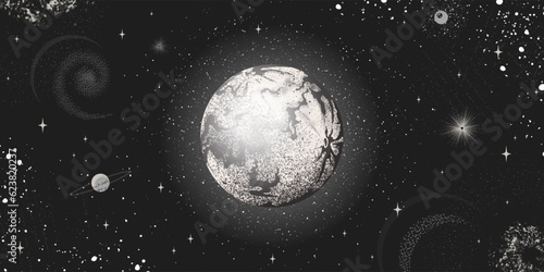 Moon and planets. Space background. Astrology sketch. Occult art with sun galaxy. Astronomy stars and satellites. Antique witchcraft. Monochrome cosmos. Vector magical universe poster