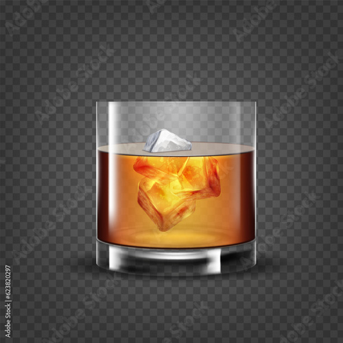 Whiskey glass. Bourbon with ice cubes. Whisky classic serving. Transparent glassware. Scotch amber drink in bar. Liquid wine splash. 3D alcohol beverage. Vector realistic illustration