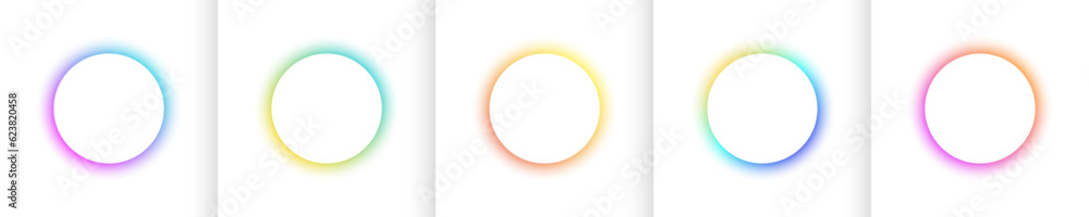 Gradient glow. Light rounds, pastel pink, orange and blue colors, 3d soft shapes, geometric space. Luminescent decorative circles. Bright luminous frame. Vector elements on white background - obrazy, fototapety, plakaty 