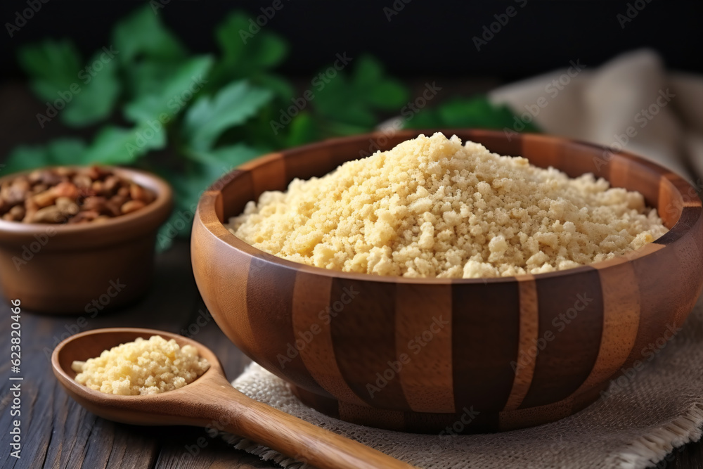 Bowl with Brazilian farofa. Made with manioc flour. South American cuisine. Latin America. . Bowl with Brazilian farofa. Made with manioc flour. South American cuisine. Latin America. .