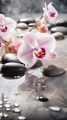 orchids close-up on the water  black stones and water nature still life